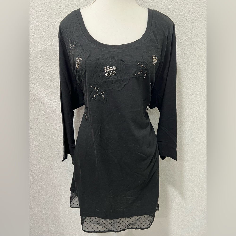 LOGO by Lori Goldstein Slub Knit Top with Swiss Dot Trim NWT